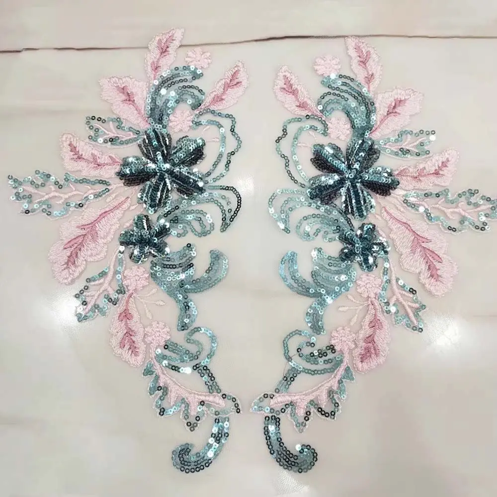 1 Pair Blue Green Flower Sequins Embroidered Patches Wedding Appliques DIY Sew Patch Dress Decoration