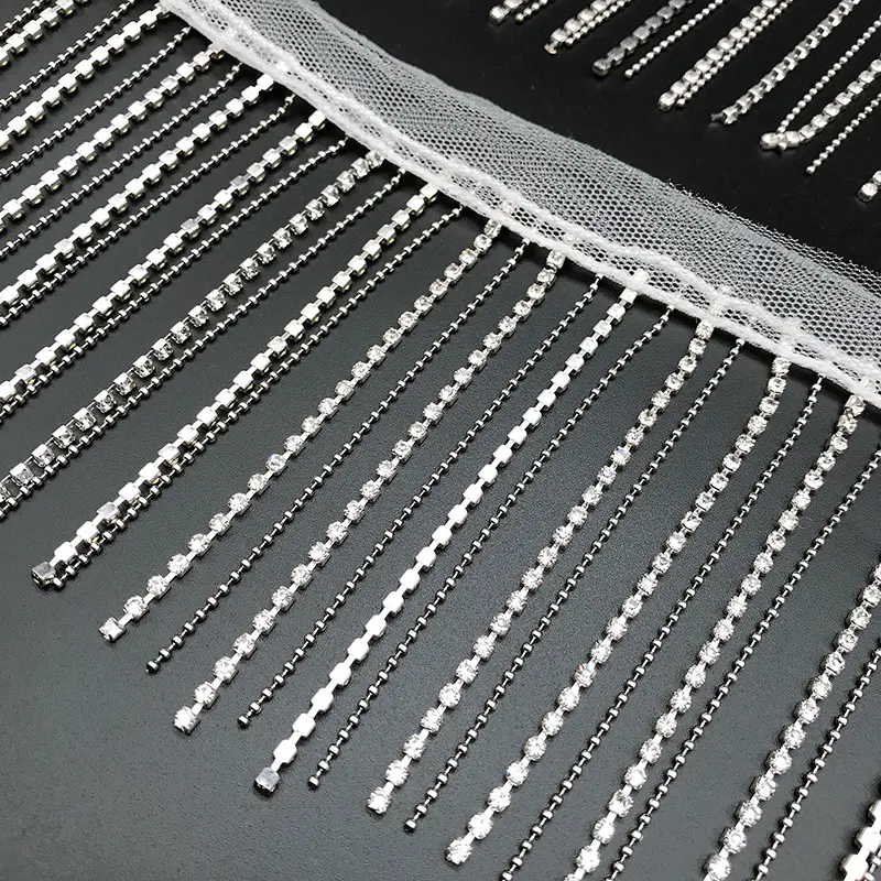 1Yard Black and White Rhinestone Crystal Chain Lace Handmade Tassel Fabric Border Metal Chain Bead 9CM Wide