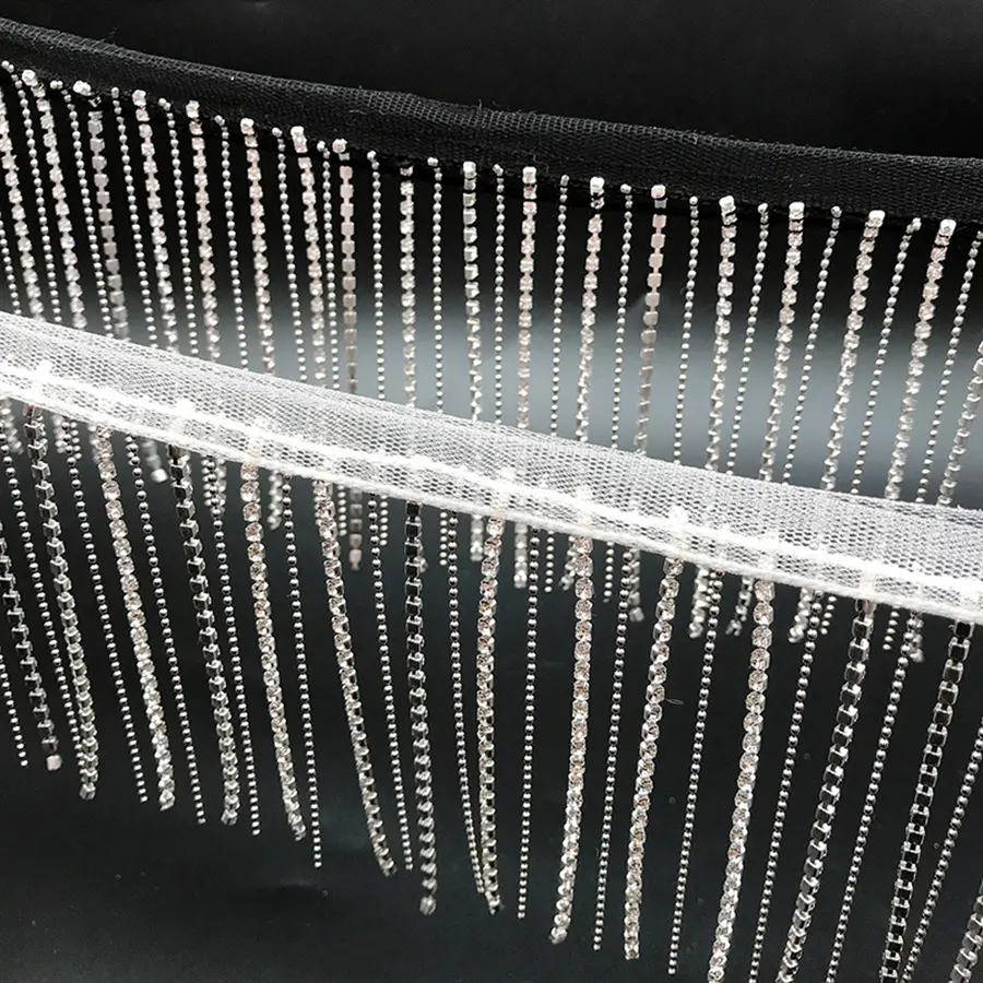 1Yard Black and White Rhinestone Crystal Chain Lace Handmade Tassel Fabric Border Metal Chain Bead 9CM Wide