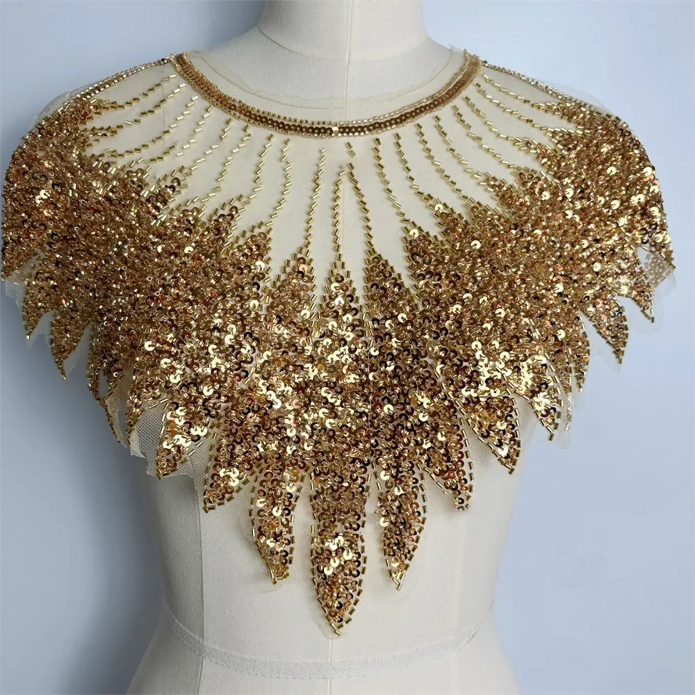 1 Piece of Black Gold Silver Mesh Front Chest Sequins Bead Embroidery DIY Women's Accessory Patch