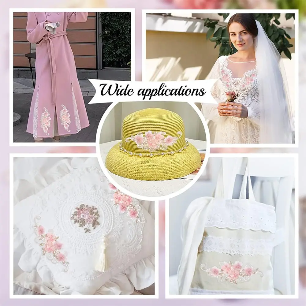 1 Piece of 3D Pink Embroidered Flower Lace Fabric With Rhinestone Patch Flower Decal Repair