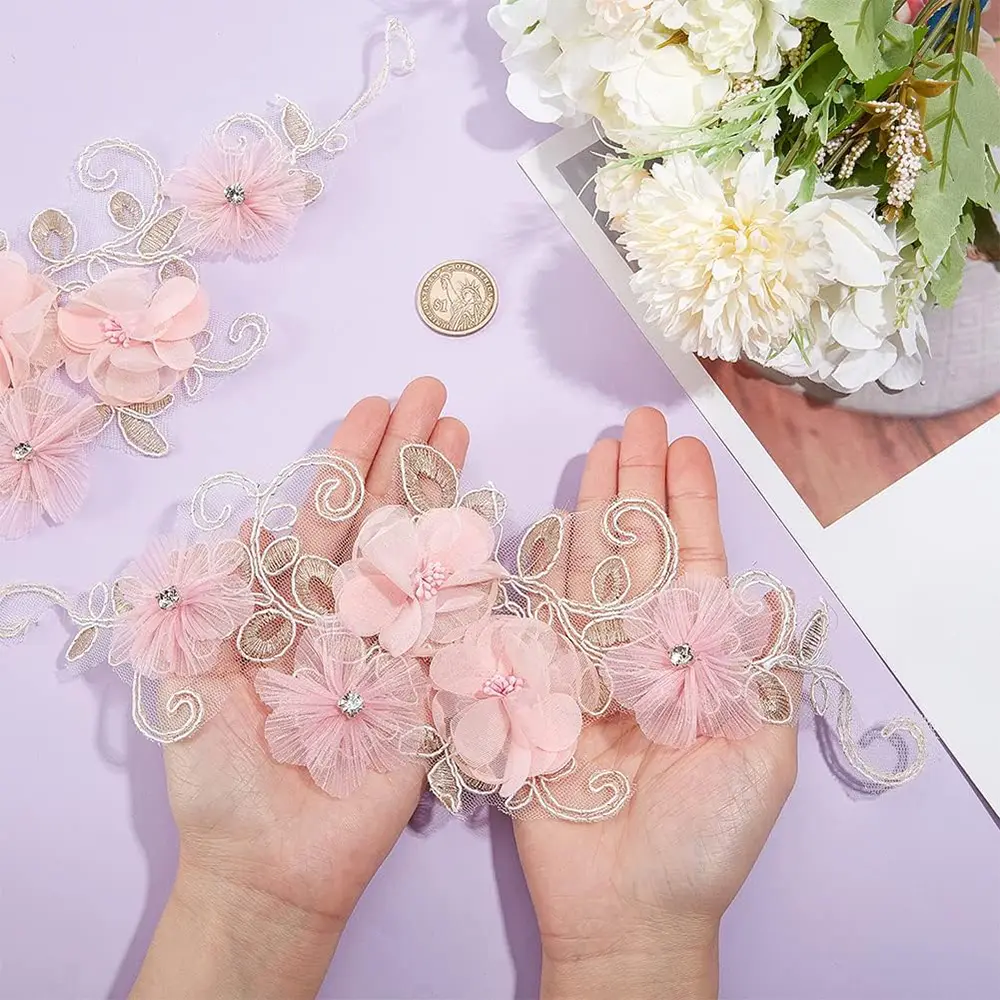 1 Piece of 3D Pink Embroidered Flower Lace Fabric With Rhinestone Patch Flower Decal Repair