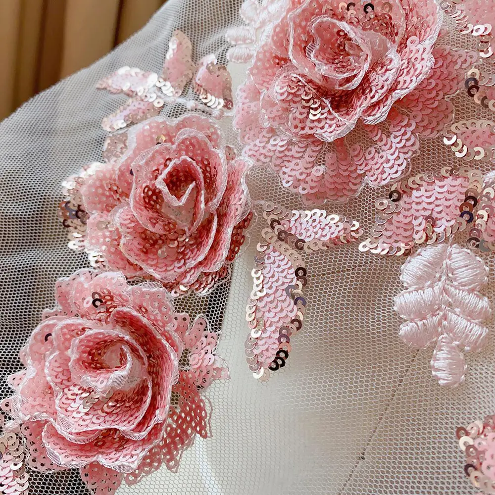 1 Piece Pink Embroidery Lace Flowers Patch For Wedding Dress Costumes Handmade Repair 38*25CM