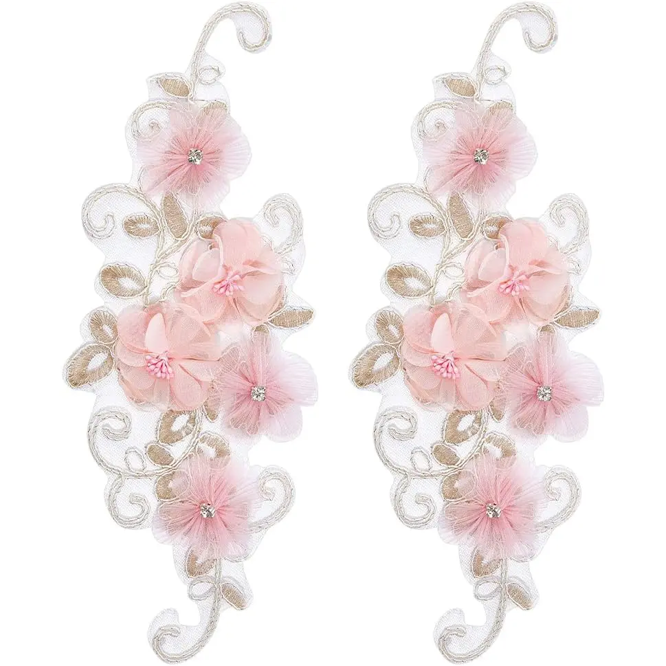 1 Piece of 3D Pink Embroidered Flower Lace Fabric With Rhinestone Patch Flower Decal Repair