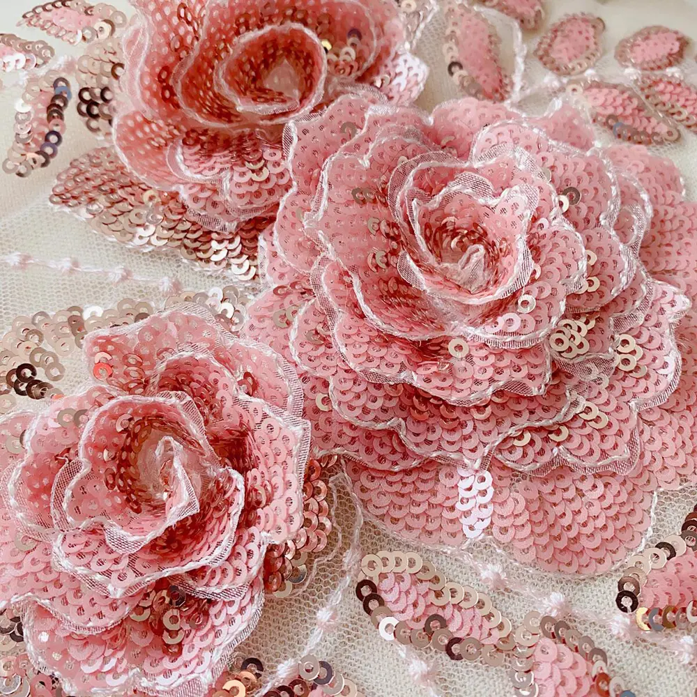 1 Piece Pink Embroidery Lace Flowers Patch For Wedding Dress Costumes Handmade Repair 38*25CM