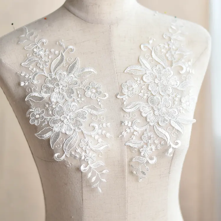 White Flower Sequins Embroidered Lace Applique Trim Sewing Collar for Wedding Dress DIY Costume Scrapbooking