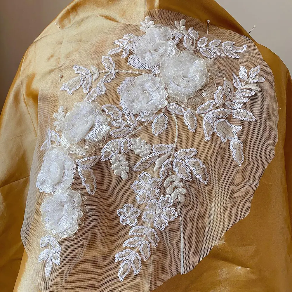 1 Piece Pink Embroidery Lace Flowers Patch For Wedding Dress Costumes Handmade Repair 38*25CM