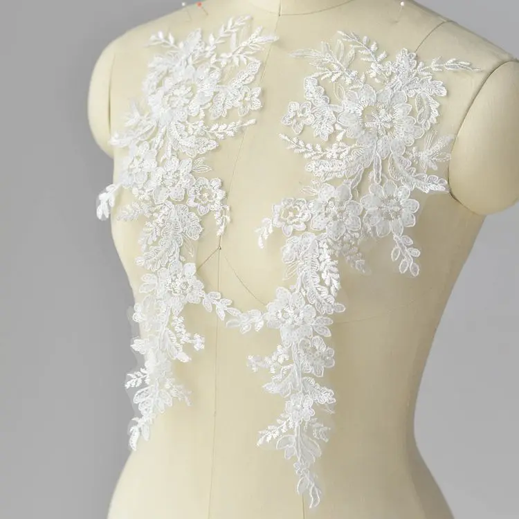 White Flower Sequins Embroidered Lace Applique Trim Sewing Collar for Wedding Dress DIY Costume Scrapbooking