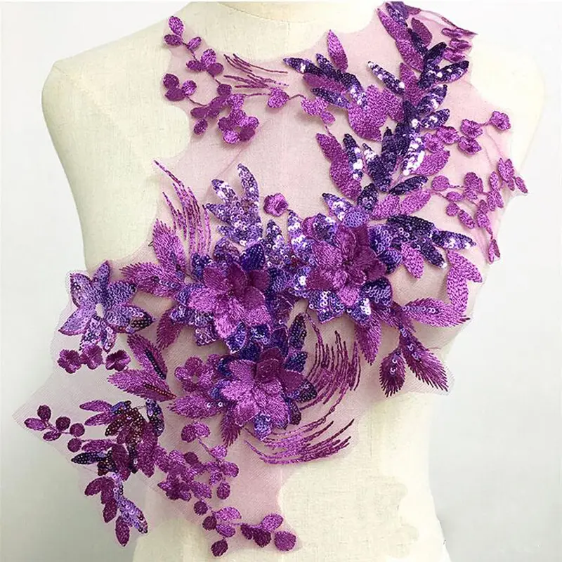 1Pc Flower Sequins Embroidered Patches DIY Handmade Rpair For Wedding Dress 45*27CM