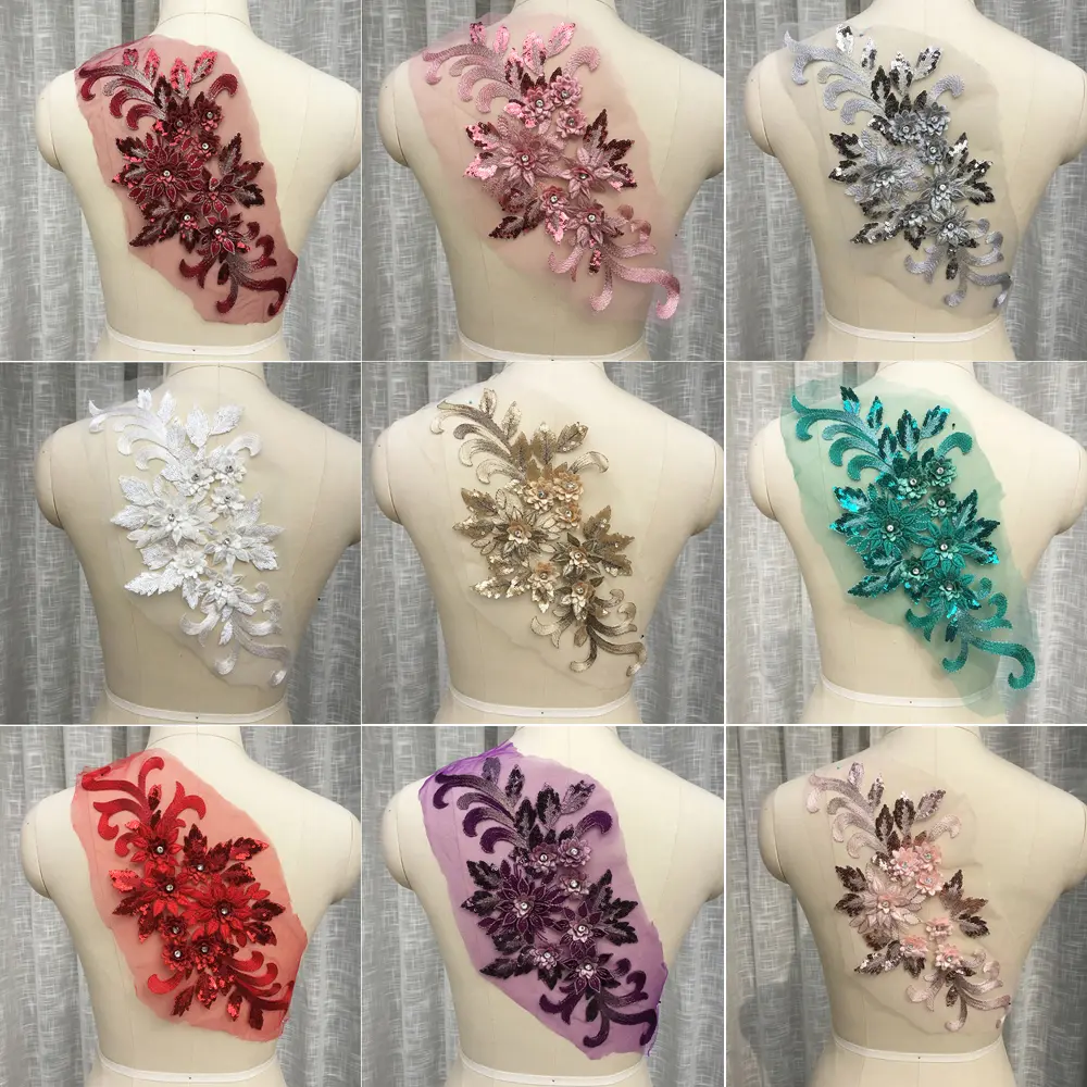 1 Piece of Multi-Color Floral Jewelry Bead Lace Fabric DIY Wedding Dress Craft  Sewing Cloth Sticker Patch 40 * 17CM
