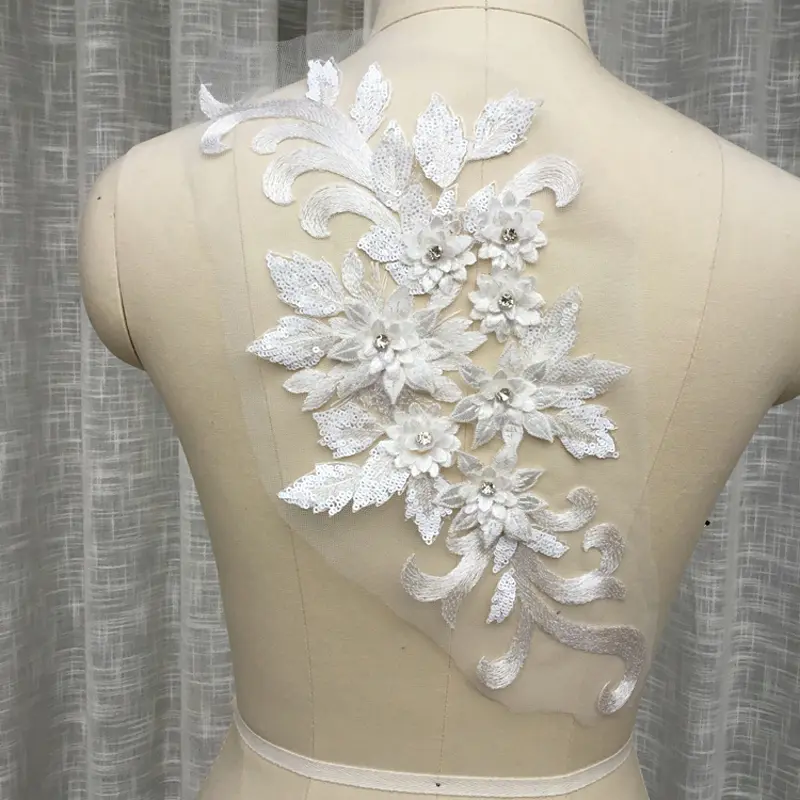 1 Piece of Multi-Color Floral Jewelry Bead Lace Fabric DIY Wedding Dress Craft  Sewing Cloth Sticker Patch 40 * 17CM