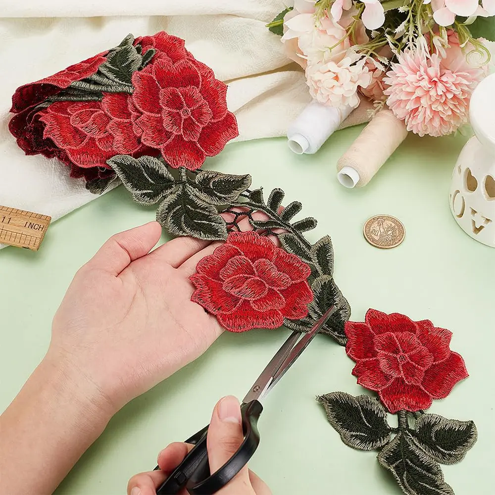 1 Yard Red Flower Embroidery Flower Lace Fabric Edge Ribbon DIY Skirt Clothing Accessories Sewing Technology 120MM