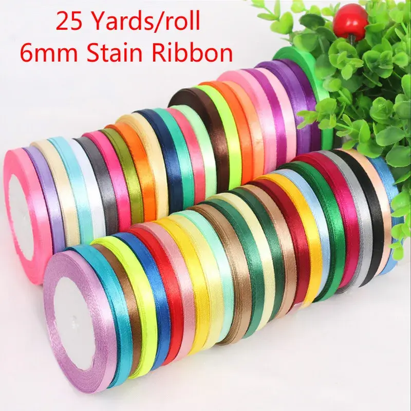 6mm 25 Yards 22 Meters Single Face Silk Satin Ribbon Handmade DIY Decorative Gift Packing Wedding Crafts Christmas Decoration