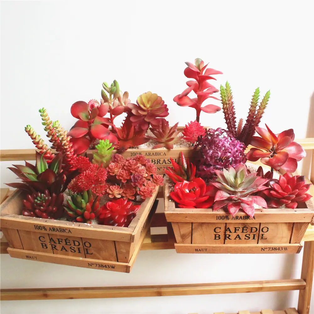 Red Bonsai Artificial Succulent Wedding Christmas Party Decoration Fake Plants Grass Leaves DIY Flower Arrangement Accessories