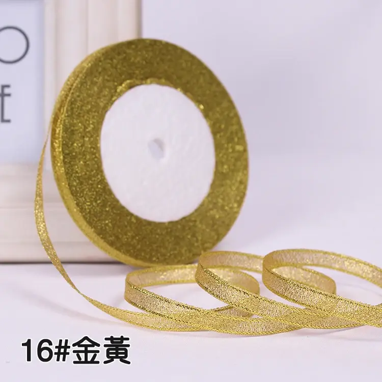 6mm 25Yard/Roll Gold Silver Metallic Glitter Ribbon for Christmas Halloween Gift Wrapping Wedding Decorative DIY Crafts Material