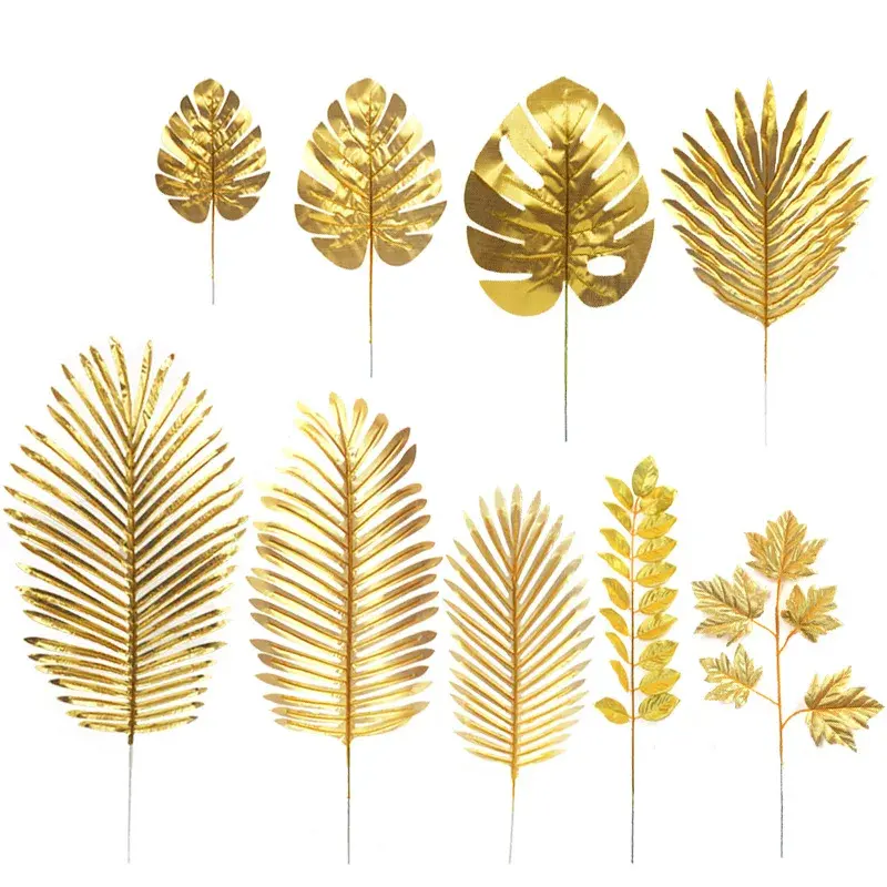 Gold Artificial Monstera Palm Maple Tree Leaves Home Garden Decoration Photography Background Flower Arrangement Accessories