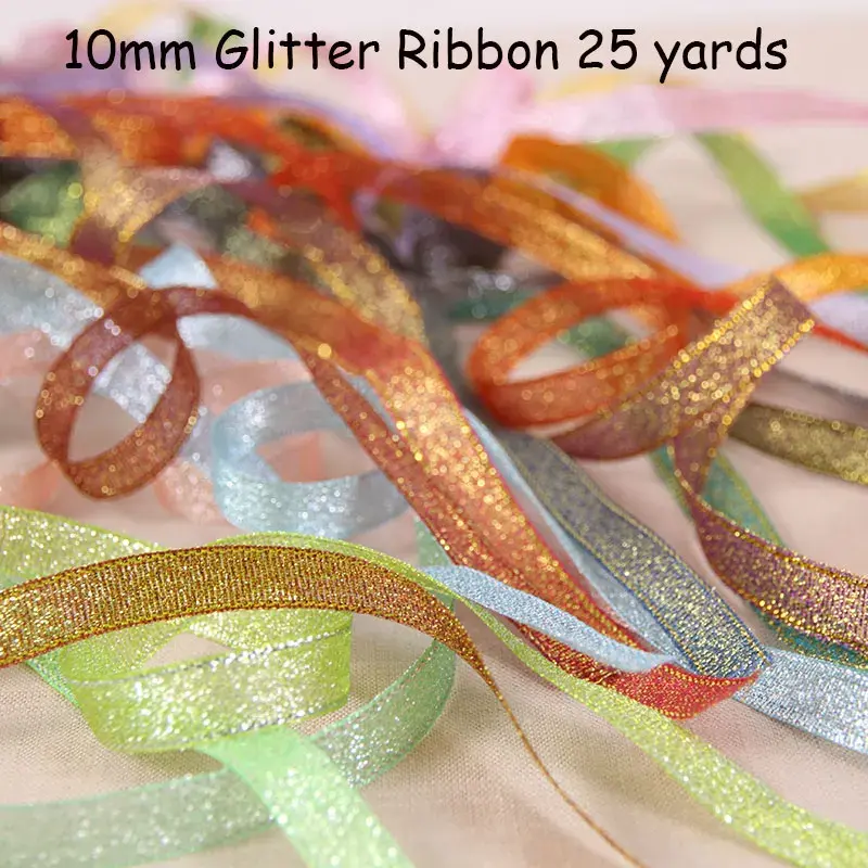 25 yards 10mm Glitter Ribbon Christmas Party Wedding Decoration Gift Wrapping Packaging Ribbons DIY Crafts Handmade Bow Fabric