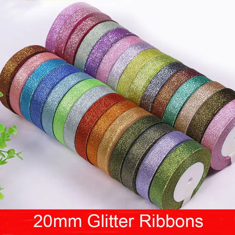 25 yards 20mm Glitter Ribbon Christmas Party Wedding Decoration Gift Wrapping Packaging Ribbons DIY Crafts Handmade Bow Fabric