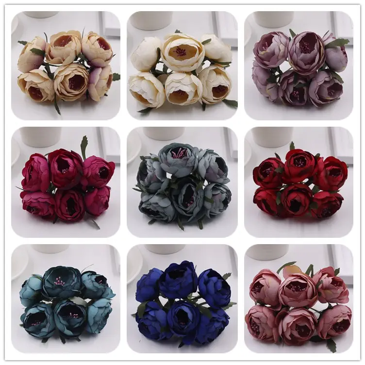 LOT 6PCS Artificial Roses Flower Heads Vintage Tea Bud Flower Bouquet DIY Wedding Bridal Wreath Corsage Marriage Fake Flowers