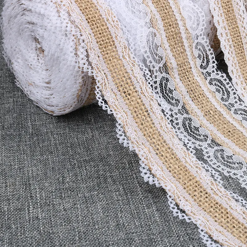 2Meters/Lot 25mm Jute Burlap Hessian Ribbon with White Lace Trim Vintage Rustic Wedding Decoration DIY Handmade Crafts Ribbon