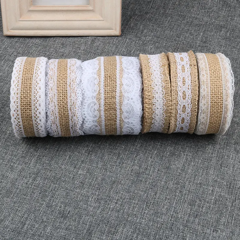 2Meters/Lot 25mm Jute Burlap Hessian Ribbon with White Lace Trim Vintage Rustic Wedding Decoration DIY Handmade Crafts Ribbon