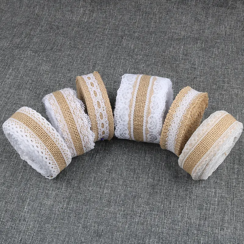 2Meters/Lot 25mm Jute Burlap Hessian Ribbon with White Lace Trim Vintage Rustic Wedding Decoration DIY Handmade Crafts Ribbon