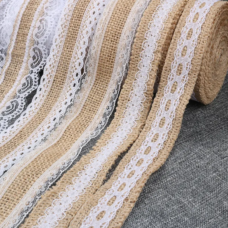 2Meters/Lot 25mm Jute Burlap Hessian Ribbon with White Lace Trim Vintage Rustic Wedding Decoration DIY Handmade Crafts Ribbon