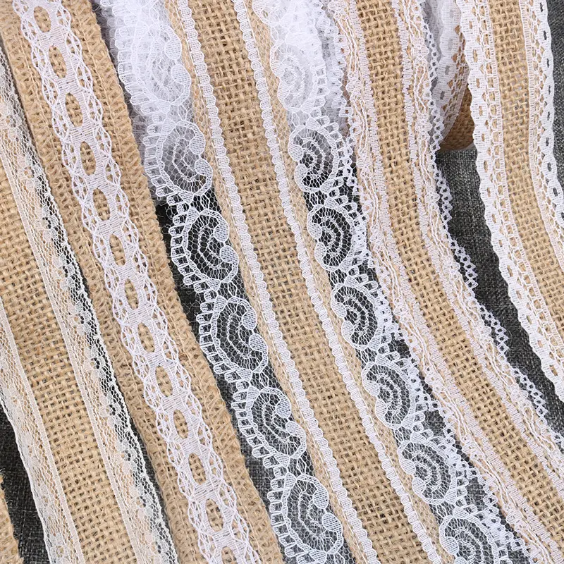 2Meters/Lot 25mm Jute Burlap Hessian Ribbon with White Lace Trim Vintage Rustic Wedding Decoration DIY Handmade Crafts Ribbon