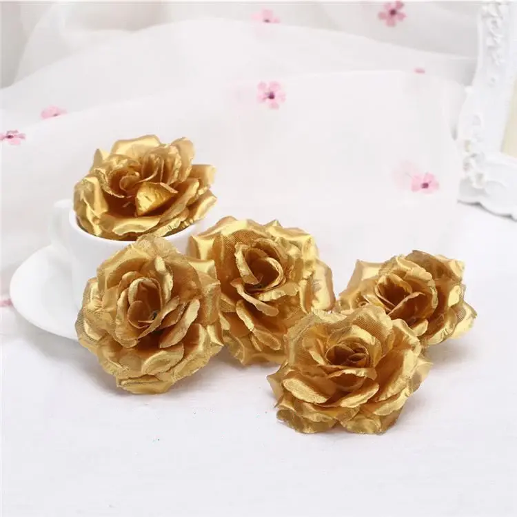 10pcs 8cm Artificial Silk Rose Head DIY Flower Wall Handmade Crafts Floral Supplies Kissing Ball Wedding Decoration Gold Flowers