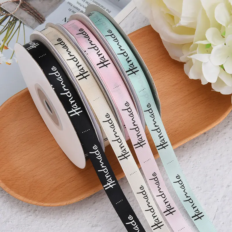 3/8'' (10mm) 25 Yards Handmade Letter Satin Ribbon Gifts Box Packaging Festival Party Decorations DIY Bow Craft Bouquet Supplies
