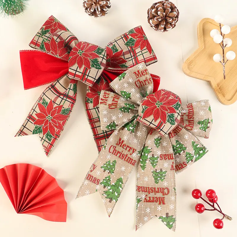 2pcs Large Red Green Jute Burlap Christmas Bows Tree Floral Snow Printed Bowties Wedding New Year Party Gift Box Decoration