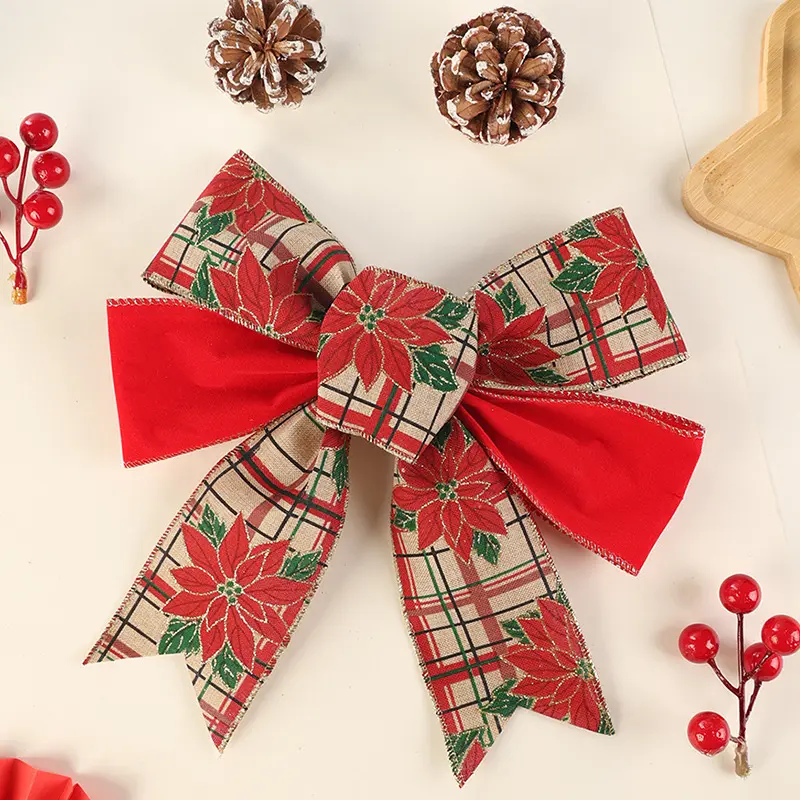 2pcs Large Red Green Jute Burlap Christmas Bows Tree Floral Snow Printed Bowties Wedding New Year Party Gift Box Decoration