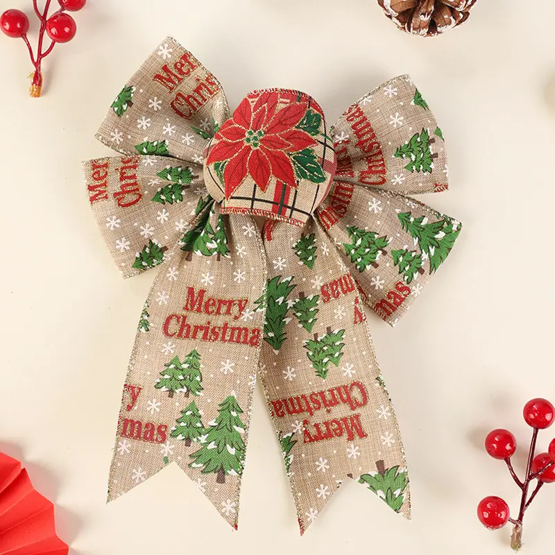 2pcs Large Red Green Jute Burlap Christmas Bows Tree Floral Snow Printed Bowties Wedding New Year Party Gift Box Decoration