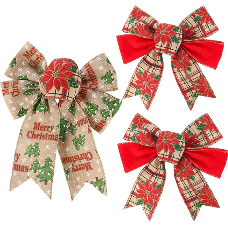 2pcs Large Red Green Jute Burlap Christmas Bows Tree Floral Snow Printed Bowties Wedding New Year Party Gift Box Decoration
