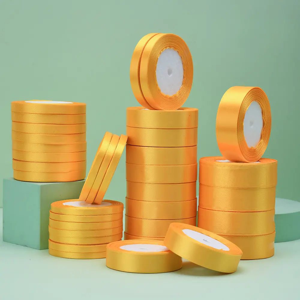 6mm 10mm 15mm 20mm 25mm 40mm 50mm Gold Yellow Silk Satin Ribbons Single Face DIY Handmade Gift Wrapping Halloween Ribbon