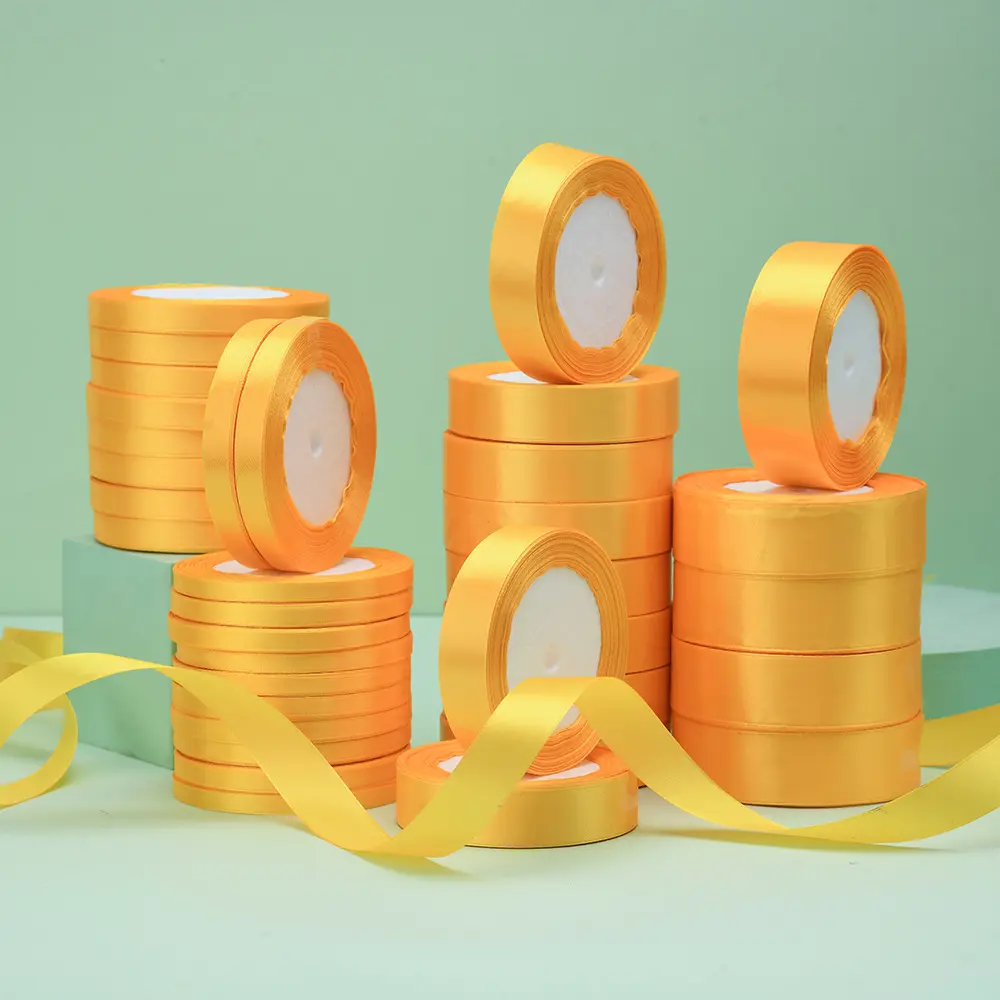 6mm 10mm 15mm 20mm 25mm 40mm 50mm Gold Yellow Silk Satin Ribbons Single Face DIY Handmade Gift Wrapping Halloween Ribbon