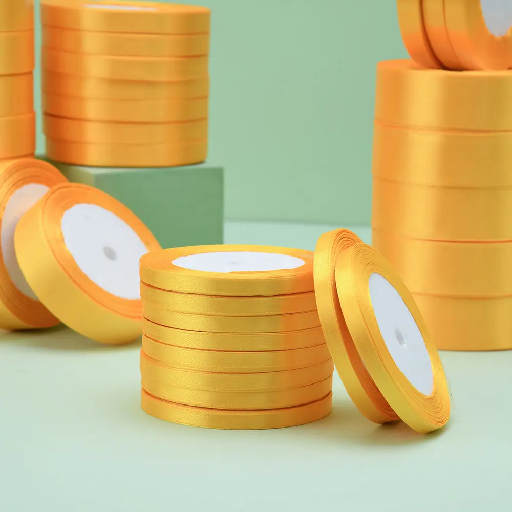 6mm 10mm 15mm 20mm 25mm 40mm 50mm Gold Yellow Silk Satin Ribbons Single Face DIY Handmade Gift Wrapping Halloween Ribbon