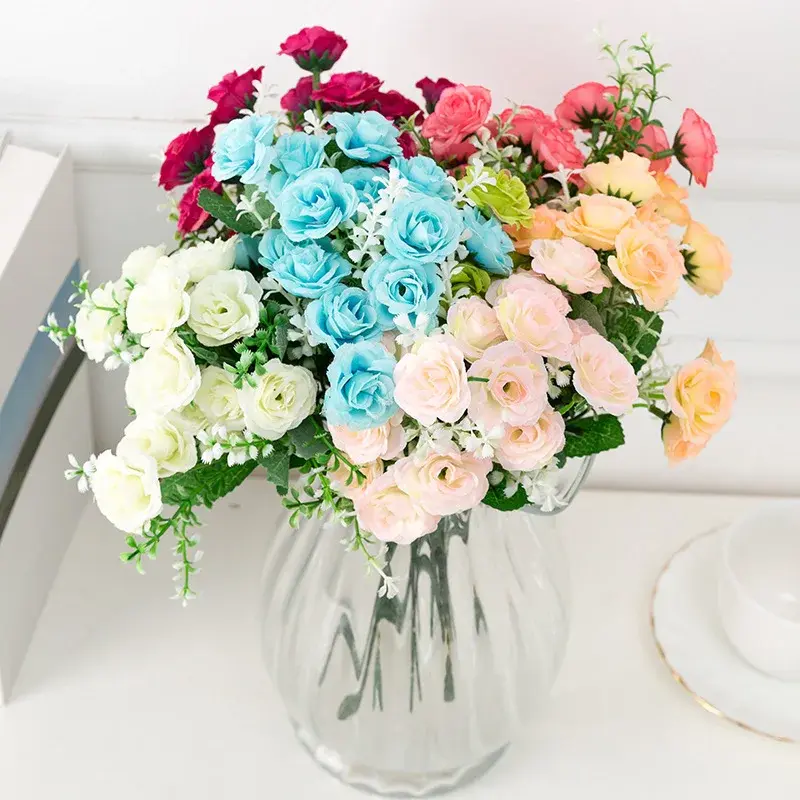 29cm 15Heads Artificial Roses Flower Branch Christmas Wedding Birthday Party Home Bedroom Decoration DIY Bridal Holding Flowers