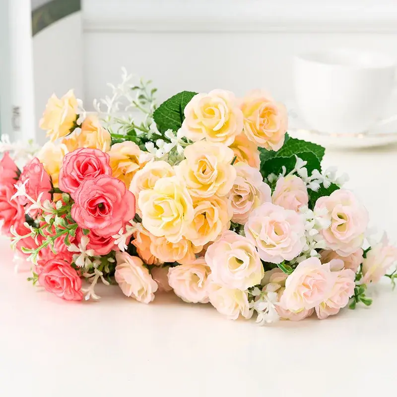 29cm 15Heads Artificial Roses Flower Branch Christmas Wedding Birthday Party Home Bedroom Decoration DIY Bridal Holding Flowers