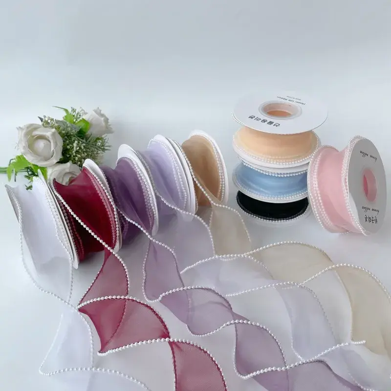 5Yards 4CM Pearl Edge Organza Ribbon Rainbow Gradient DIY Bow Hair Accessories Material Handmade Decorative Ribbon
