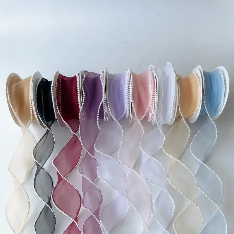 5Yards 4CM Pearl Edge Organza Ribbon Rainbow Gradient DIY Bow Hair Accessories Material Handmade Decorative Ribbon