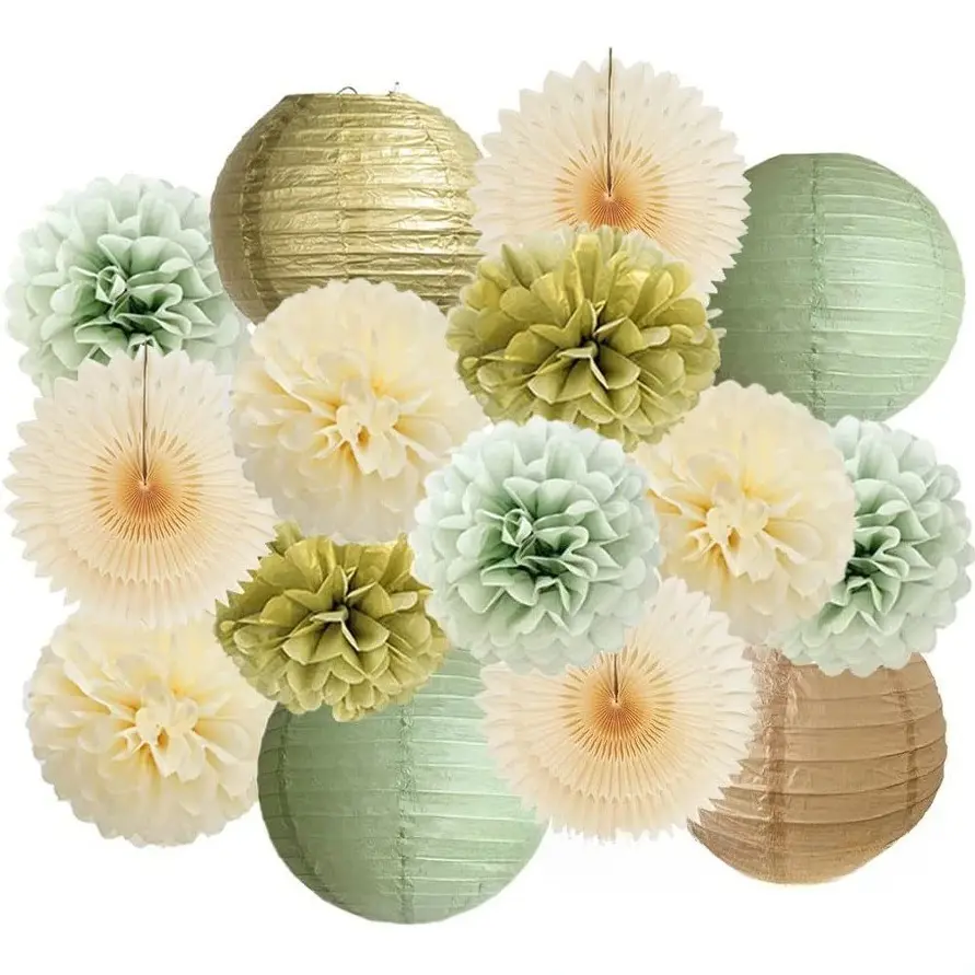 1set Sage Green Peach Pink Paper Lantern Set Wedding Baby Shower Birthday Party Decoration