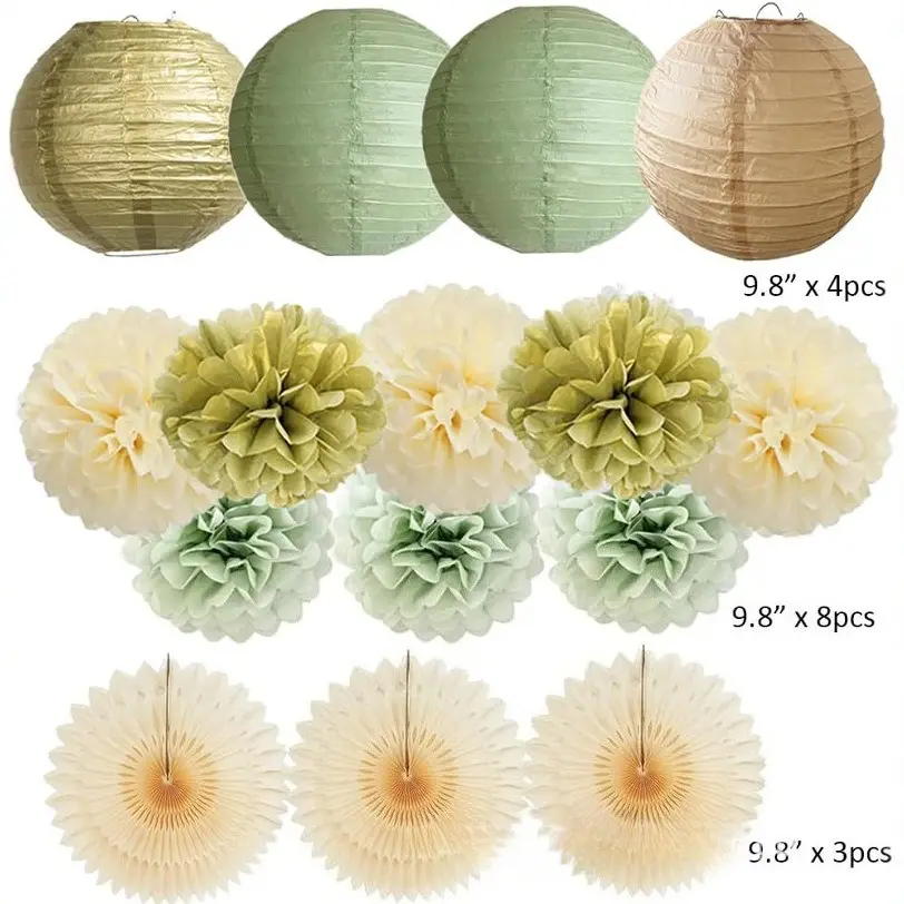 1set Sage Green Peach Pink Paper Lantern Set Wedding Baby Shower Birthday Party Decoration