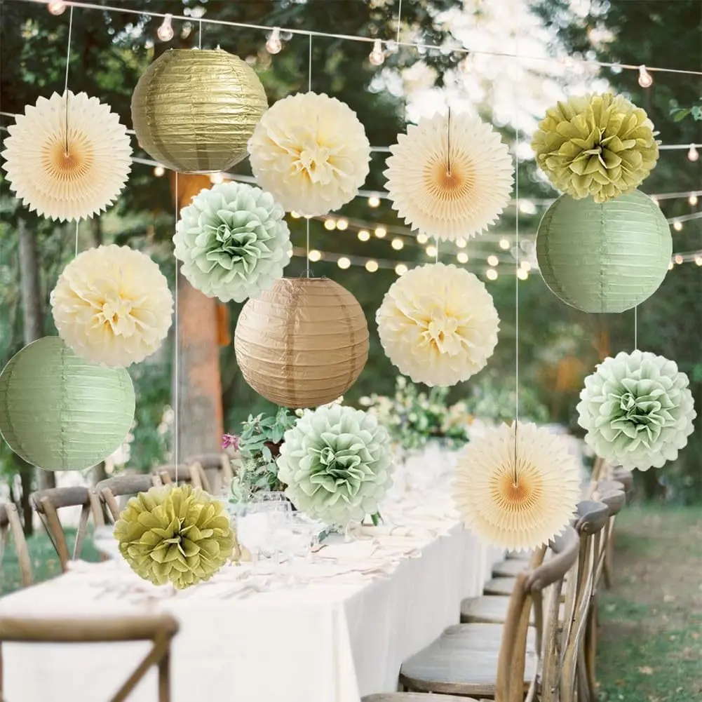 1set Sage Green Peach Pink Paper Lantern Set Wedding Baby Shower Birthday Party Decoration