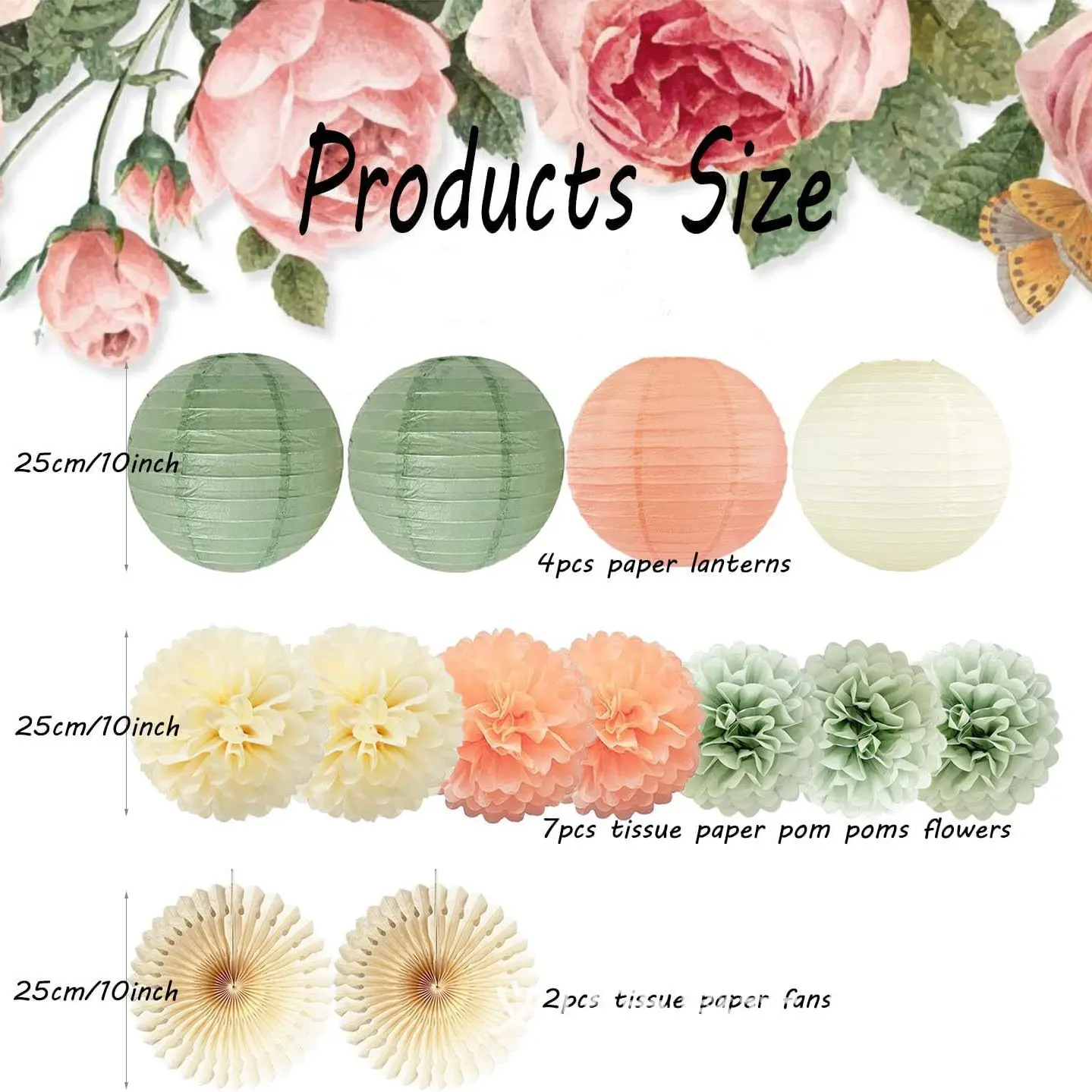 1set Sage Green Peach Pink Paper Lantern Set Wedding Baby Shower Birthday Party Decoration