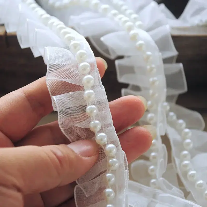 10Meter White Chiffon Pleated Lace Ribbon Faux Pearl DIY Apparel Sewing & Fabric 2.5cm Wide Handmade Crafts Beaded Lace Tape
