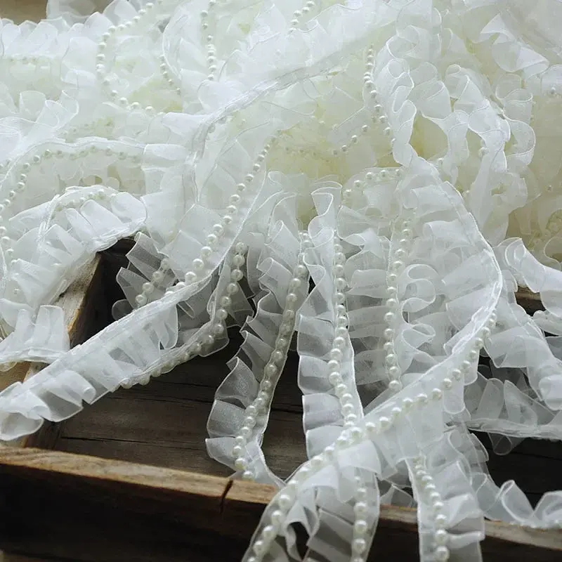 10Meter White Chiffon Pleated Lace Ribbon Faux Pearl DIY Apparel Sewing & Fabric 2.5cm Wide Handmade Crafts Beaded Lace Tape
