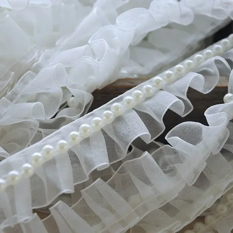 10Meter White Chiffon Pleated Lace Ribbon Faux Pearl DIY Apparel Sewing & Fabric 2.5cm Wide Handmade Crafts Beaded Lace Tape