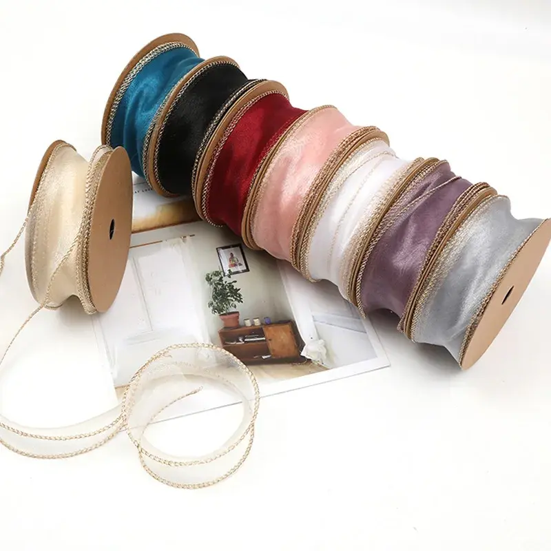 10yards/Roll Gold Edge Organza Ribbons DIY Handmade Crafts Fabric Christmas Halloween Wedding Party Gift Box Flower Decoration