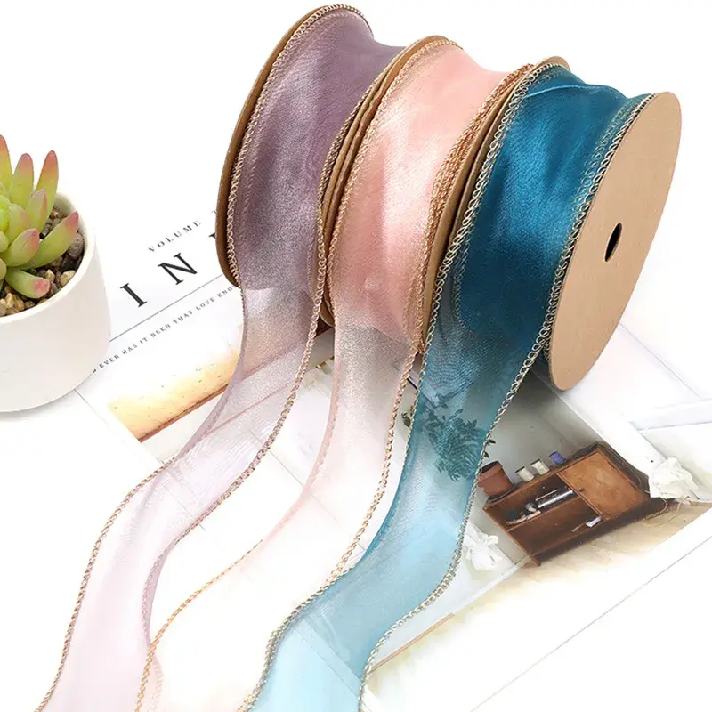 10yards/Roll Gold Edge Organza Ribbons DIY Handmade Crafts Fabric Christmas Halloween Wedding Party Gift Box Flower Decoration